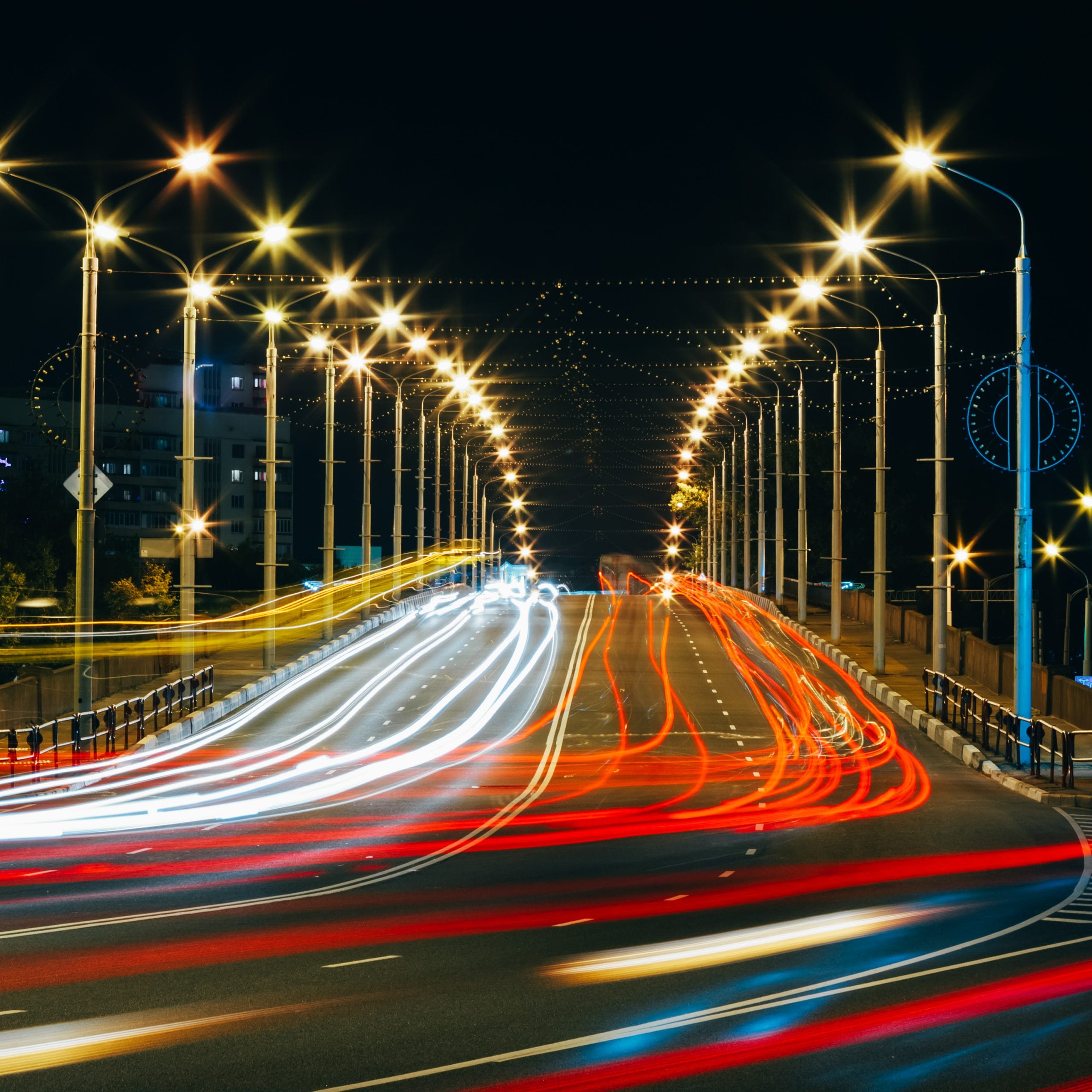 Speed Traffic - Light Trails On City Road At Night, Long Exposure Abstract Urban Background